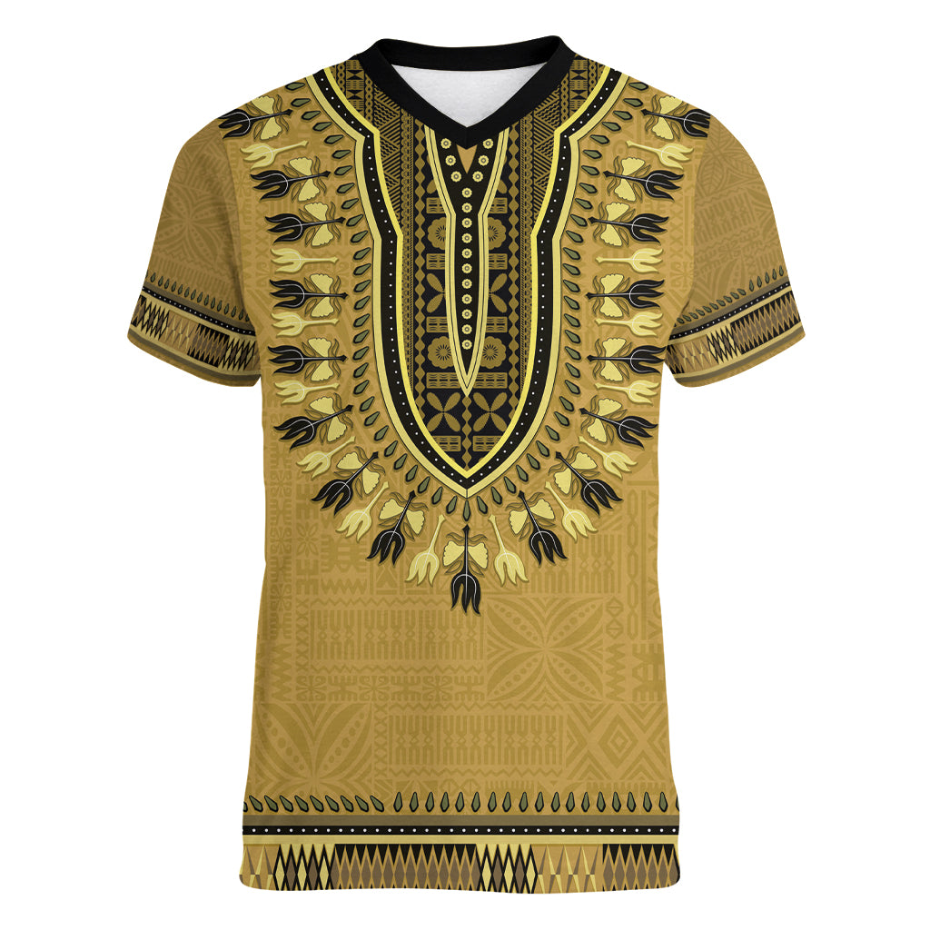 Gold African Dashiki With Fijian Tapa Pattern Women V-Neck T-Shirt