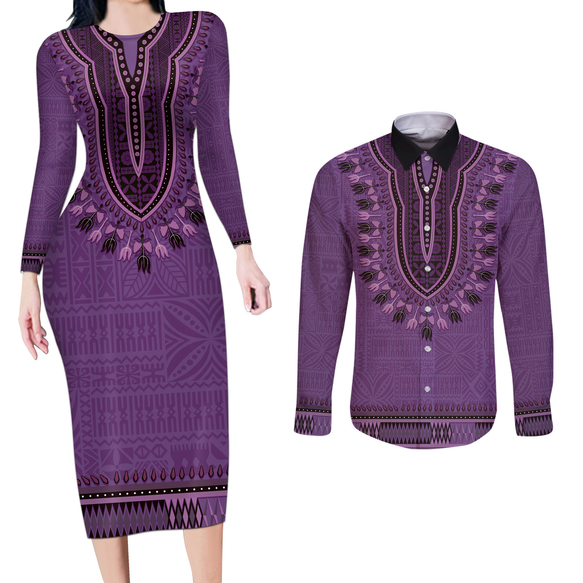 Purple African Dashiki With Fijian Tapa Pattern Couples Matching Long Sleeve Bodycon Dress and Long Sleeve Button Shirt