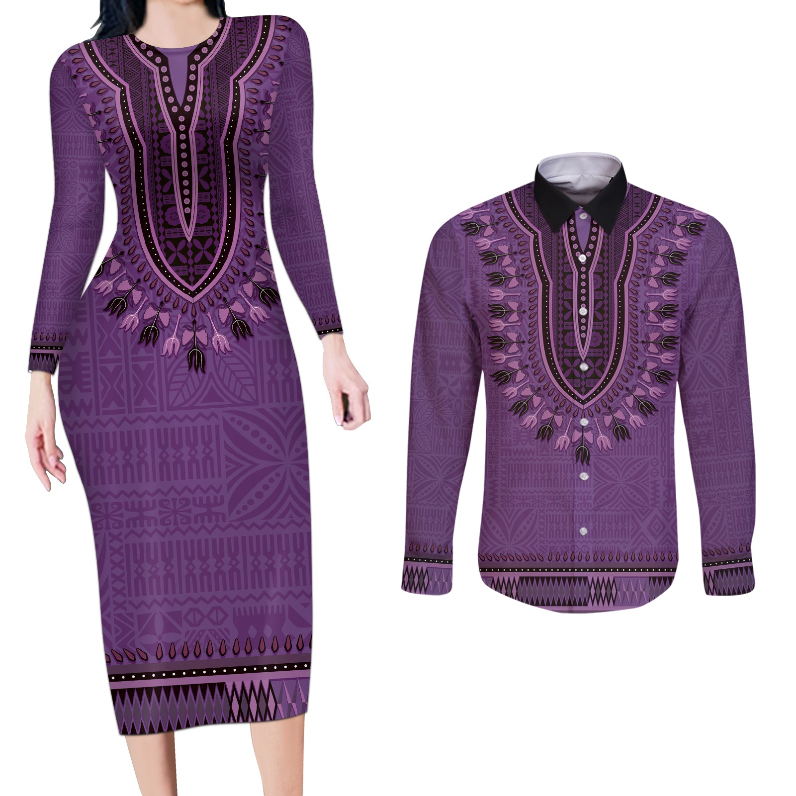 Purple African Dashiki With Fijian Tapa Pattern Couples Matching Long Sleeve Bodycon Dress and Long Sleeve Button Shirt