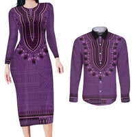 Purple African Dashiki With Fijian Tapa Pattern Couples Matching Long Sleeve Bodycon Dress and Long Sleeve Button Shirt