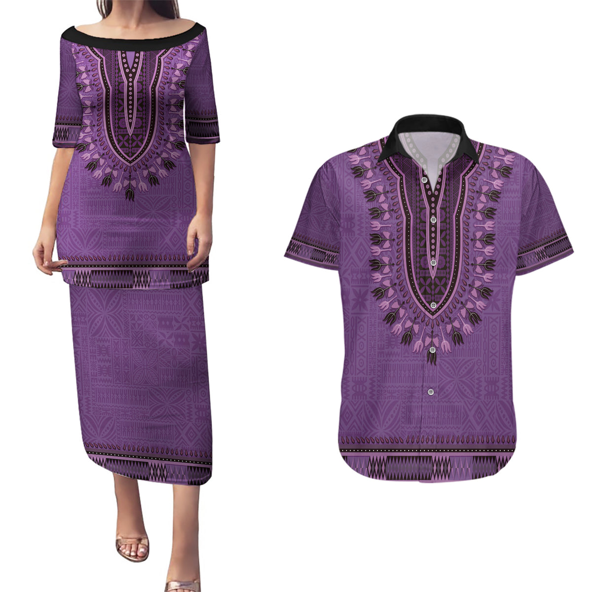 Purple African Dashiki With Fijian Tapa Pattern Couples Matching Puletasi and Hawaiian Shirt