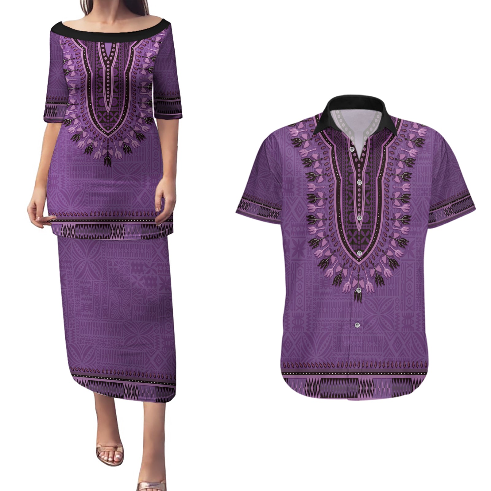 Purple African Dashiki With Fijian Tapa Pattern Couples Matching Puletasi and Hawaiian Shirt