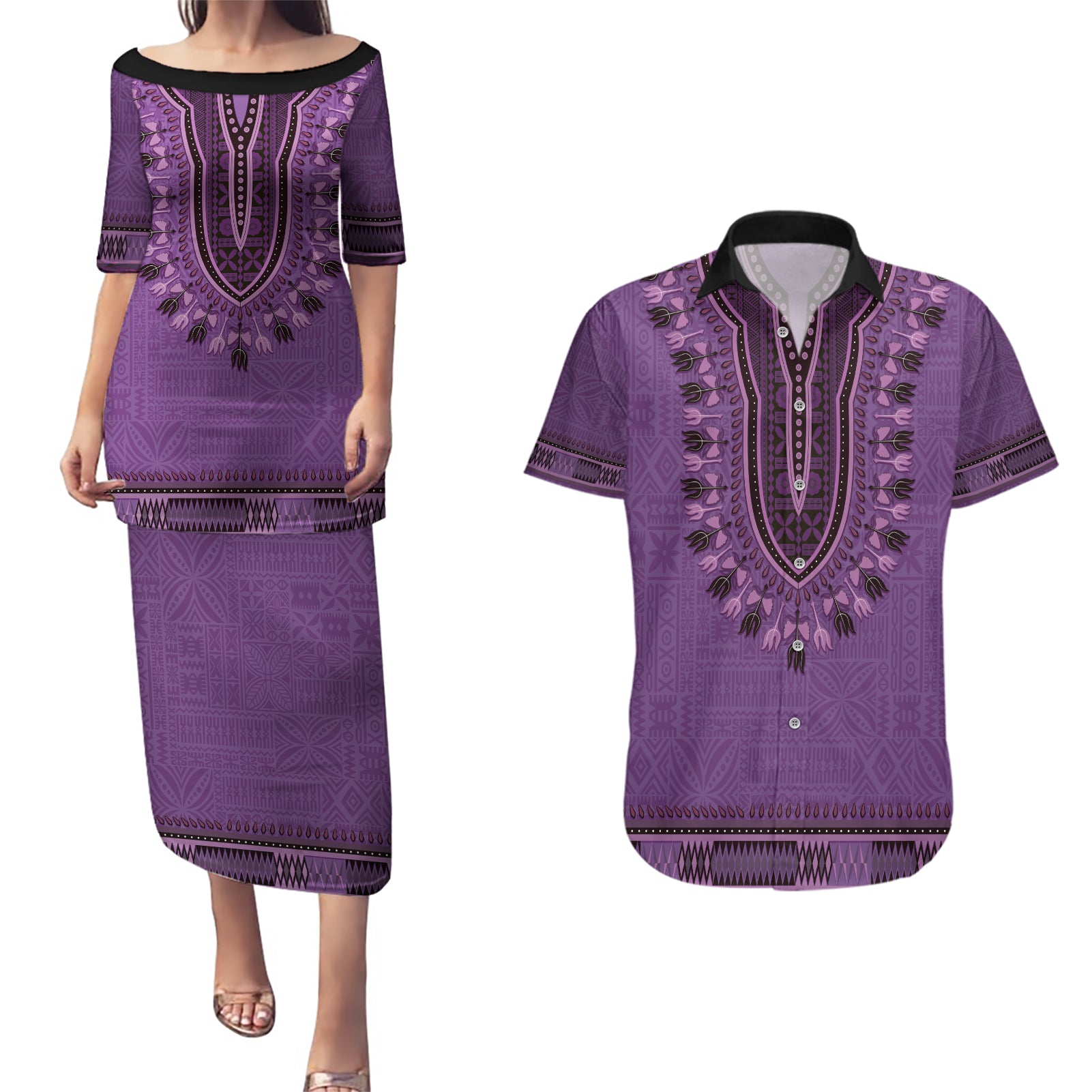 Purple African Dashiki With Fijian Tapa Pattern Couples Matching Puletasi and Hawaiian Shirt