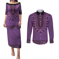 Purple African Dashiki With Fijian Tapa Pattern Couples Matching Puletasi and Long Sleeve Button Shirt