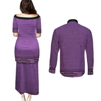 Purple African Dashiki With Fijian Tapa Pattern Couples Matching Puletasi and Long Sleeve Button Shirt