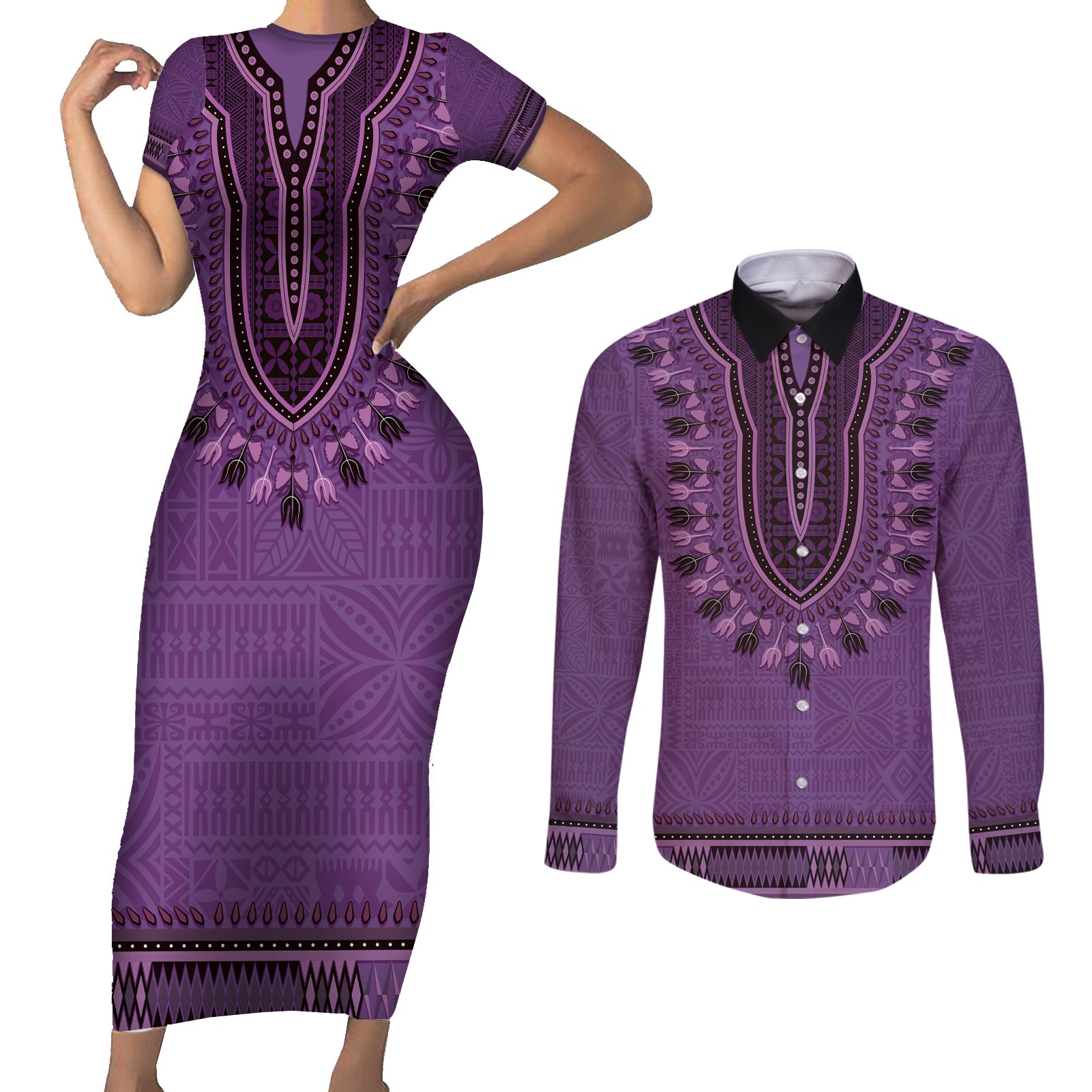 Purple African Dashiki With Fijian Tapa Pattern Couples Matching Short Sleeve Bodycon Dress and Long Sleeve Button Shirt