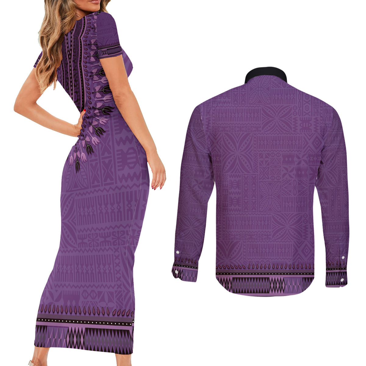 Purple African Dashiki With Fijian Tapa Pattern Couples Matching Short Sleeve Bodycon Dress and Long Sleeve Button Shirt