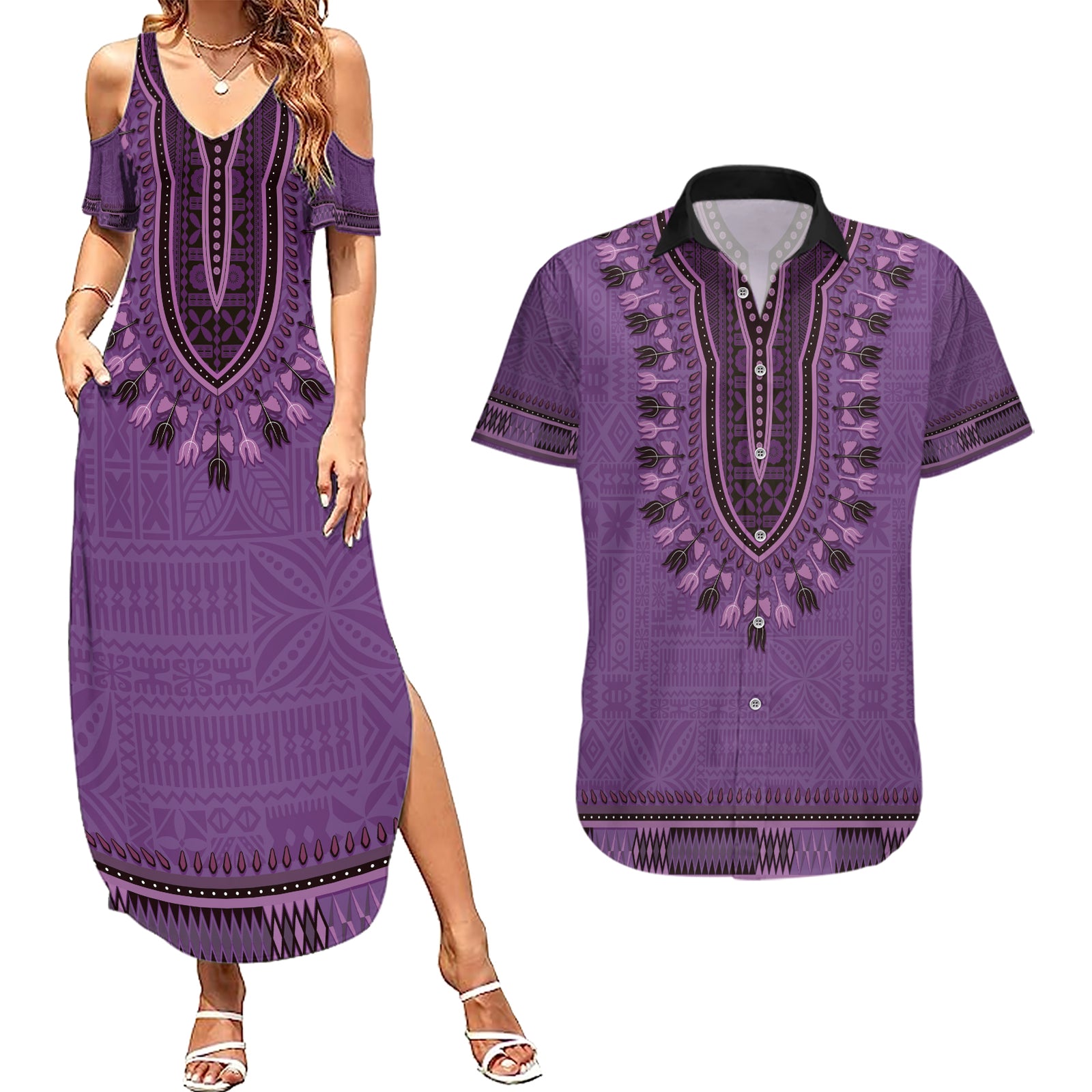 Purple African Dashiki With Fijian Tapa Pattern Couples Matching Summer Maxi Dress and Hawaiian Shirt