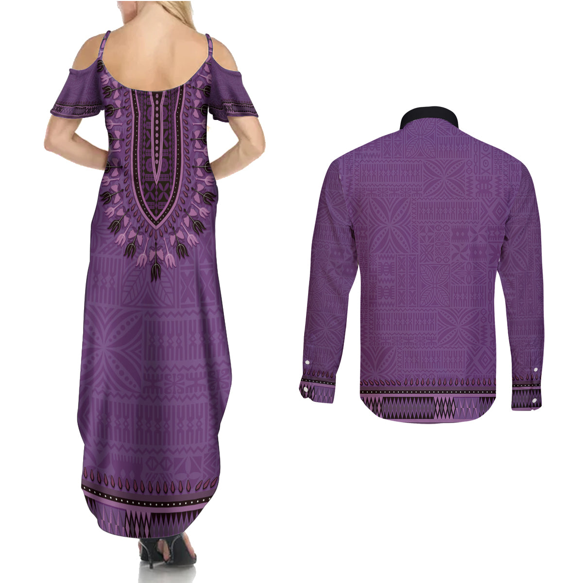 Purple African Dashiki With Fijian Tapa Pattern Couples Matching Summer Maxi Dress and Long Sleeve Button Shirt