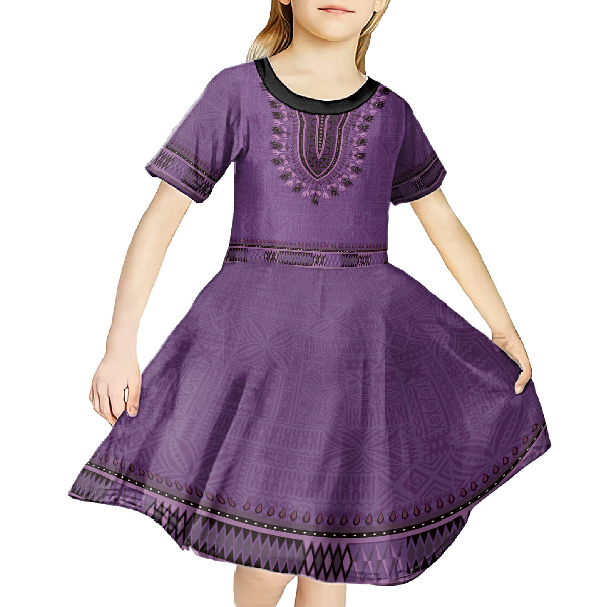 Purple African Dashiki With Fijian Tapa Pattern Kid Short Sleeve Dress