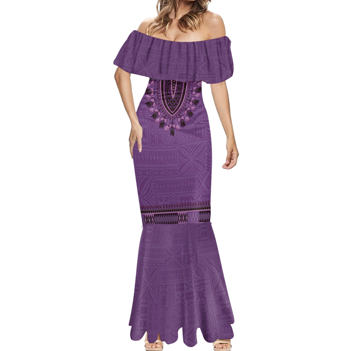 Purple African Dashiki With Fijian Tapa Pattern Mermaid Dress