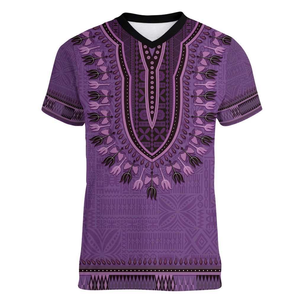 Purple African Dashiki With Fijian Tapa Pattern Women V-Neck T-Shirt