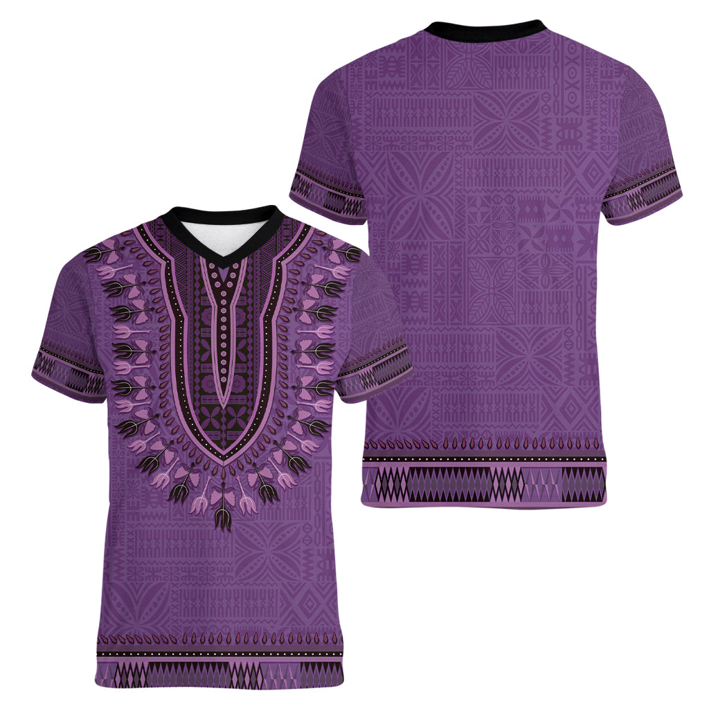 Purple African Dashiki With Fijian Tapa Pattern Women V-Neck T-Shirt