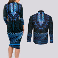 Blue African Dashiki With Aotearoa Maori Couples Matching Long Sleeve Bodycon Dress and Long Sleeve Button Shirt Paua Shell Mix Silver Fern LT14 - Polynesian Pride