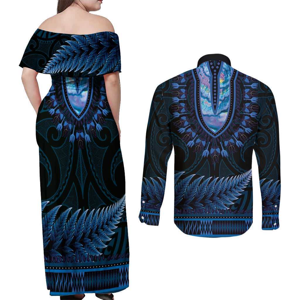Blue African Dashiki With Aotearoa Maori Couples Matching Off Shoulder Maxi Dress and Long Sleeve Button Shirt Paua Shell Mix Silver Fern LT14 - Polynesian Pride