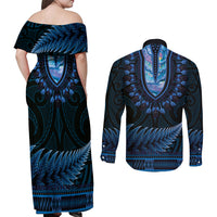 Blue African Dashiki With Aotearoa Maori Couples Matching Off Shoulder Maxi Dress and Long Sleeve Button Shirt Paua Shell Mix Silver Fern LT14 - Polynesian Pride