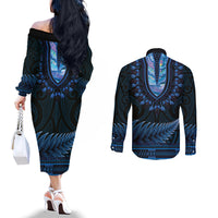 Blue African Dashiki With Aotearoa Maori Couples Matching Off The Shoulder Long Sleeve Dress and Long Sleeve Button Shirt Paua Shell Mix Silver Fern LT14 - Polynesian Pride