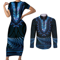Blue African Dashiki With Aotearoa Maori Couples Matching Short Sleeve Bodycon Dress and Long Sleeve Button Shirt Paua Shell Mix Silver Fern LT14 Blue - Polynesian Pride