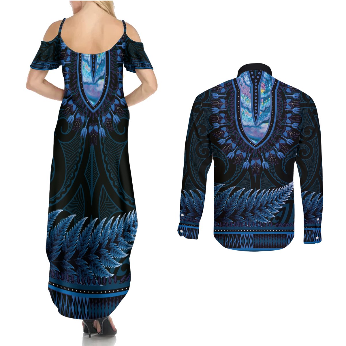 Blue African Dashiki With Aotearoa Maori Couples Matching Summer Maxi Dress and Long Sleeve Button Shirt Paua Shell Mix Silver Fern LT14 - Polynesian Pride