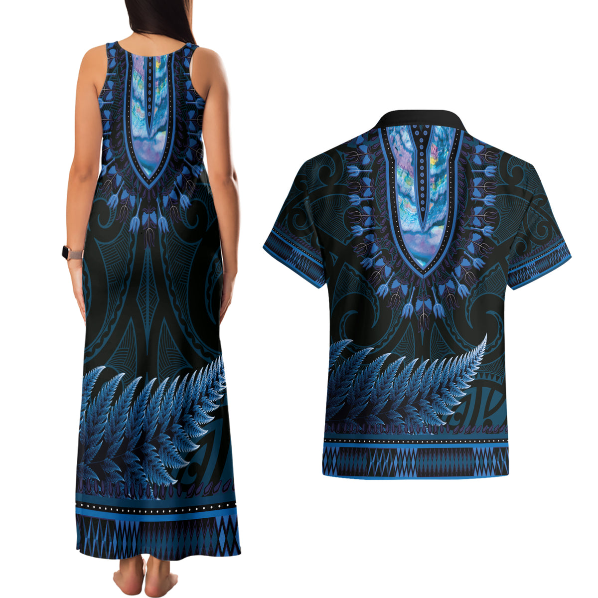 Blue African Dashiki With Aotearoa Maori Couples Matching Tank Maxi Dress and Hawaiian Shirt Paua Shell Mix Silver Fern LT14 - Polynesian Pride