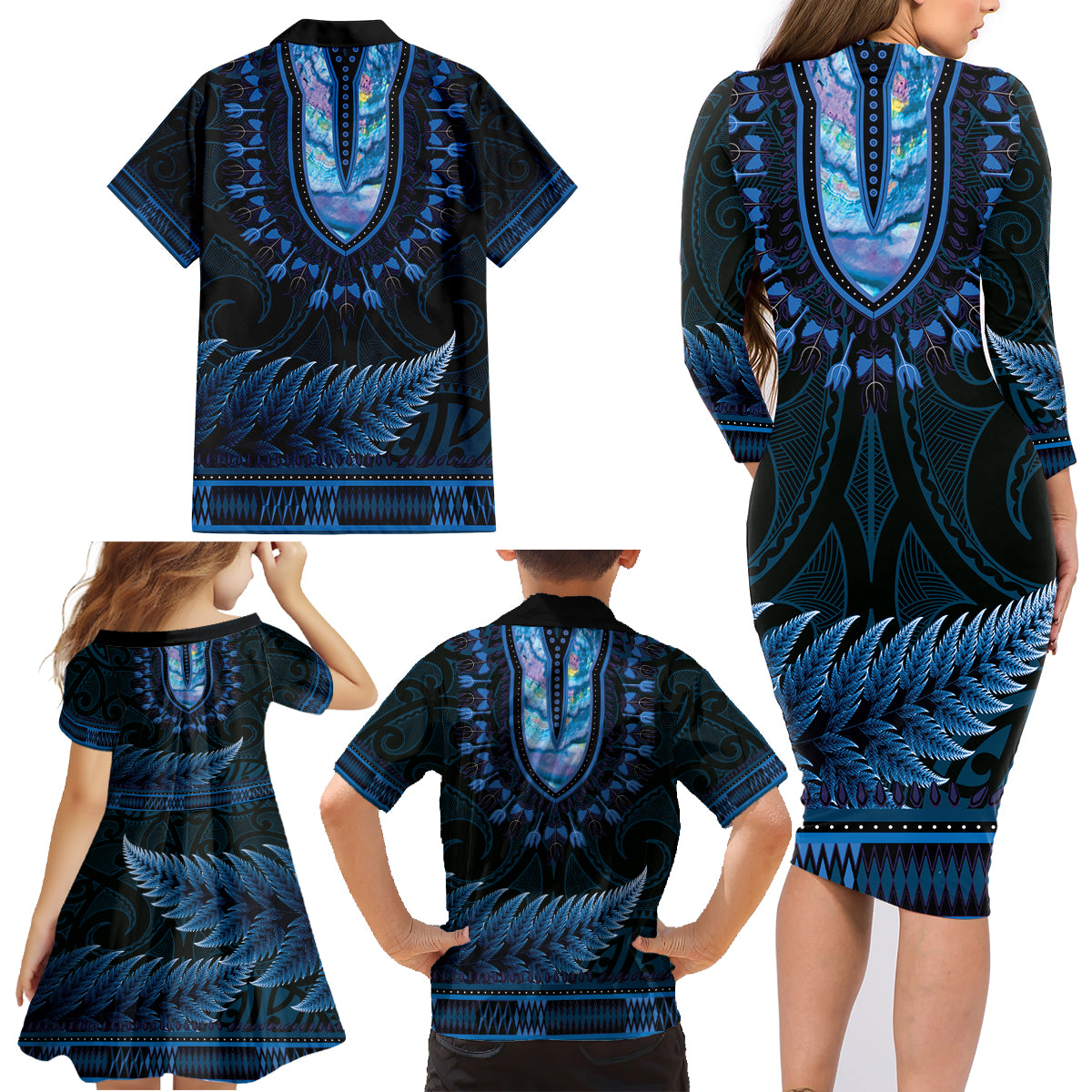 Blue African Dashiki With Aotearoa Maori Family Matching Long Sleeve Bodycon Dress and Hawaiian Shirt Paua Shell Mix Silver Fern
