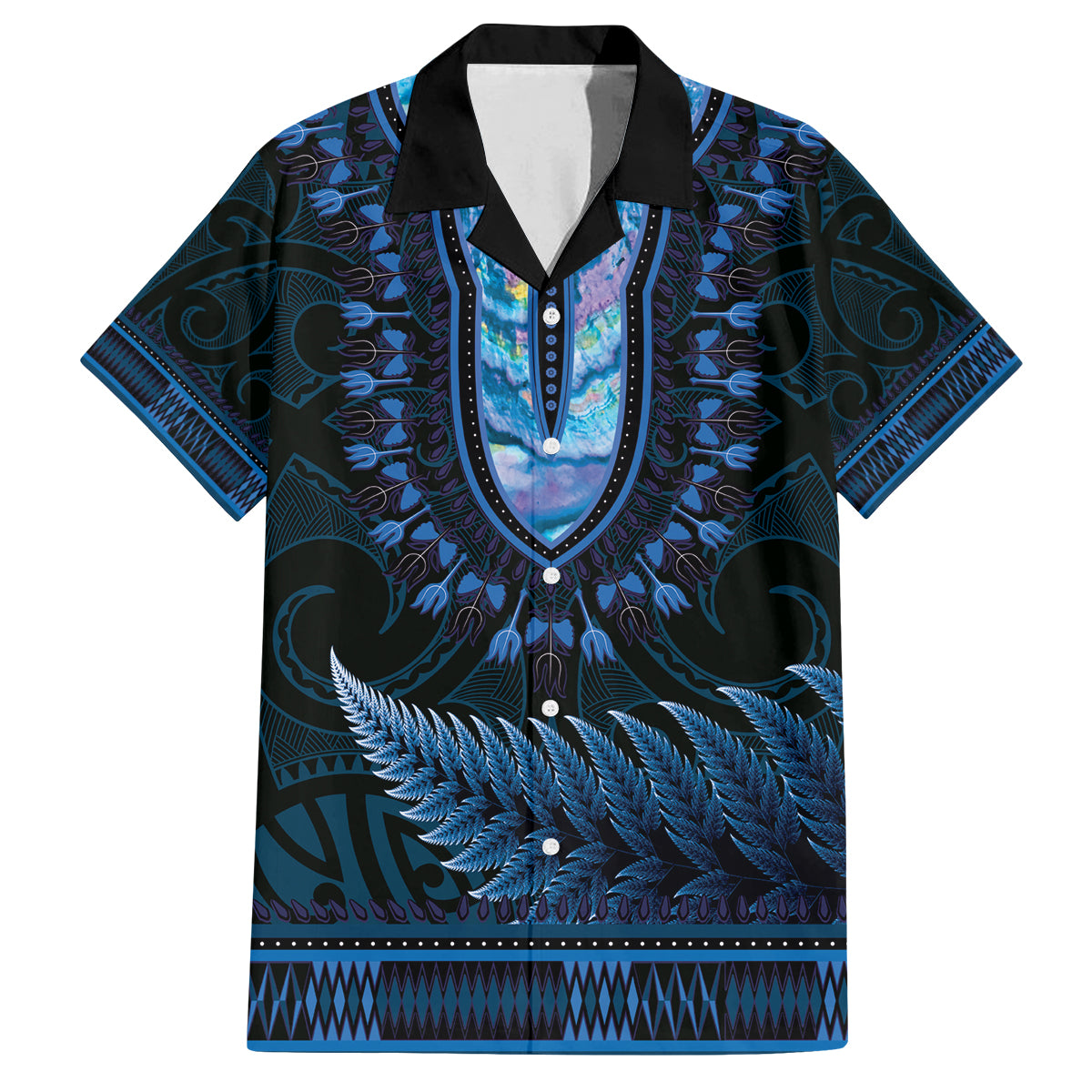 Blue African Dashiki With Aotearoa Maori Family Matching Long Sleeve Bodycon Dress and Hawaiian Shirt Paua Shell Mix Silver Fern