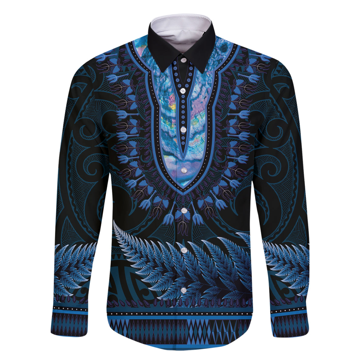 Blue African Dashiki With Aotearoa Maori Family Matching Long Sleeve Bodycon Dress and Hawaiian Shirt Paua Shell Mix Silver Fern