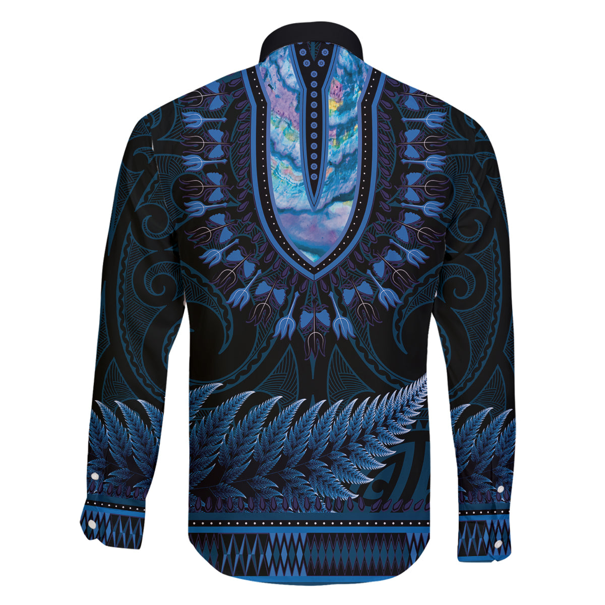 Blue African Dashiki With Aotearoa Maori Family Matching Long Sleeve Bodycon Dress and Hawaiian Shirt Paua Shell Mix Silver Fern