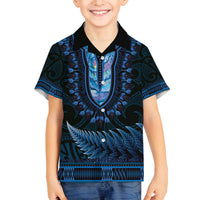 Blue African Dashiki With Aotearoa Maori Family Matching Off Shoulder Short Dress and Hawaiian Shirt Paua Shell Mix Silver Fern