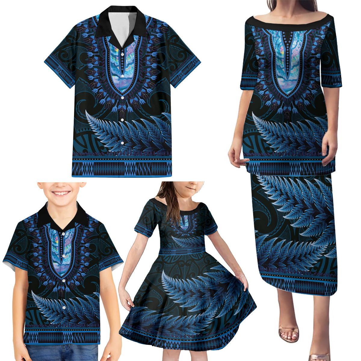 Blue African Dashiki With Aotearoa Maori Family Matching Puletasi and Hawaiian Shirt Paua Shell Mix Silver Fern LT14 - Polynesian Pride
