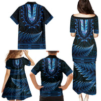 Blue African Dashiki With Aotearoa Maori Family Matching Puletasi and Hawaiian Shirt Paua Shell Mix Silver Fern LT14 - Polynesian Pride