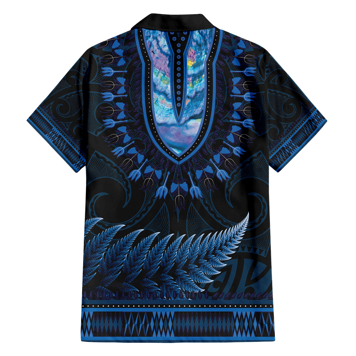Blue African Dashiki With Aotearoa Maori Family Matching Puletasi and Hawaiian Shirt Paua Shell Mix Silver Fern LT14 - Polynesian Pride