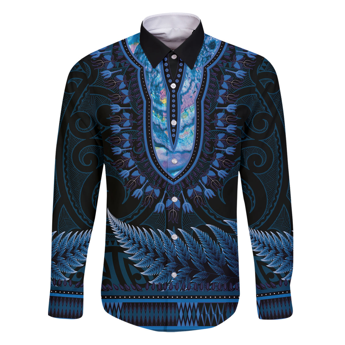 Blue African Dashiki With Aotearoa Maori Family Matching Puletasi and Hawaiian Shirt Paua Shell Mix Silver Fern LT14 Dad's Shirt - Long Sleeve Blue - Polynesian Pride
