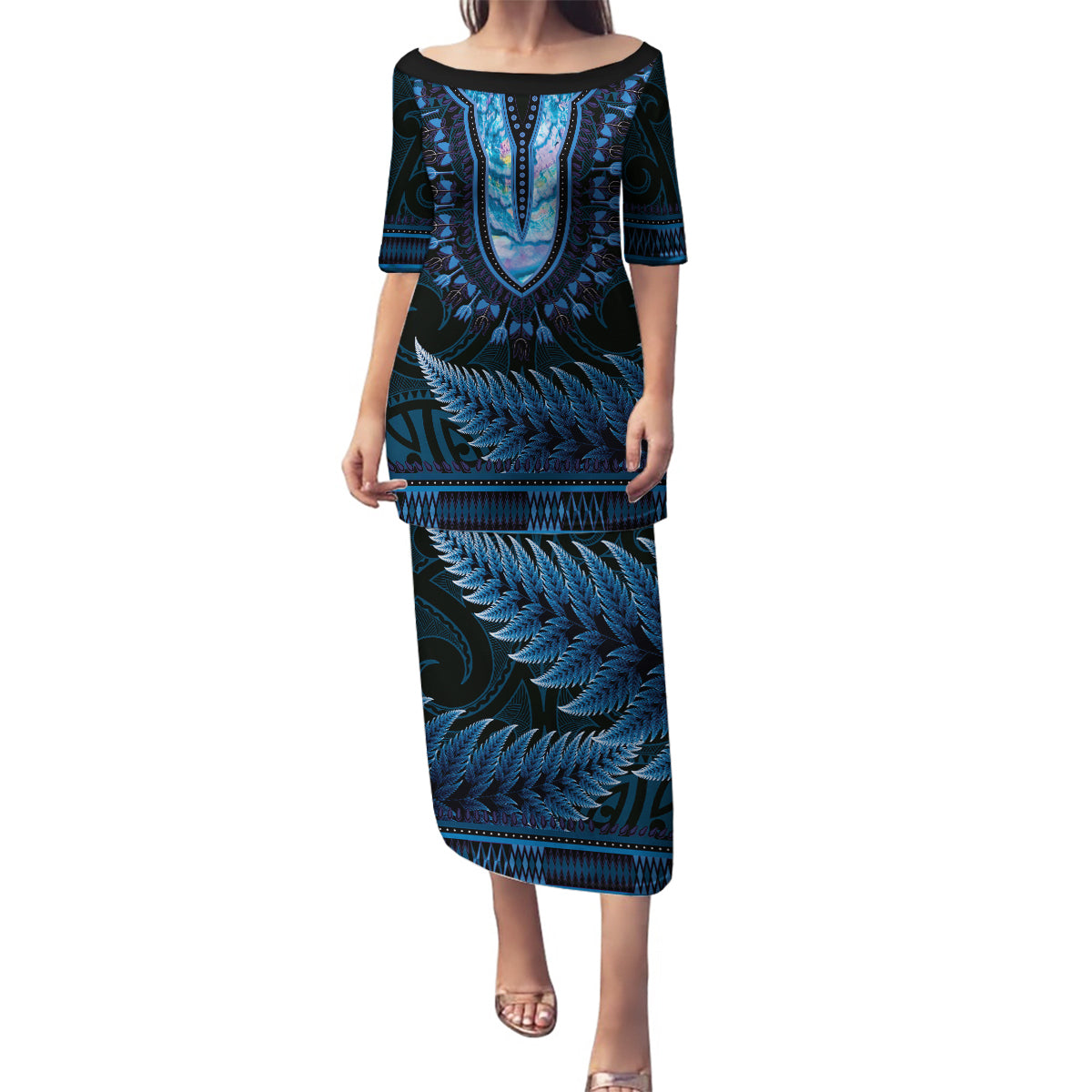 Blue African Dashiki With Aotearoa Maori Family Matching Puletasi and Hawaiian Shirt Paua Shell Mix Silver Fern LT14 Mom's Dress Blue - Polynesian Pride