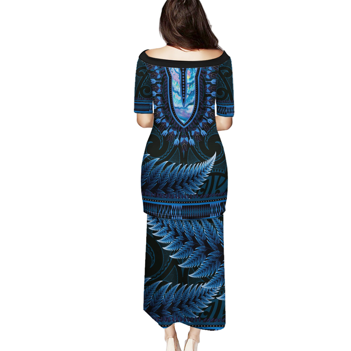 Blue African Dashiki With Aotearoa Maori Family Matching Puletasi and Hawaiian Shirt Paua Shell Mix Silver Fern LT14 - Polynesian Pride