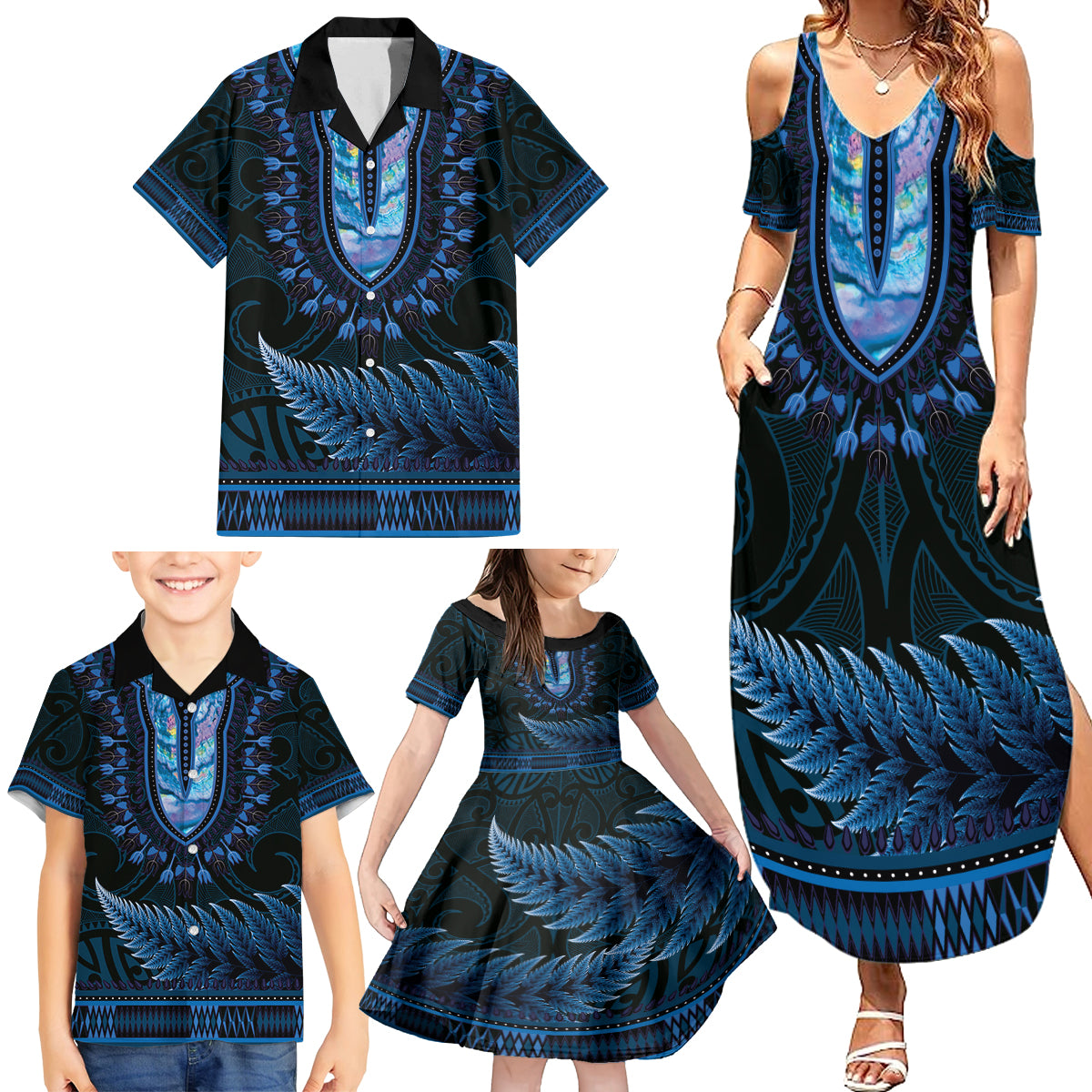 Blue African Dashiki With Aotearoa Maori Family Matching Summer Maxi Dress and Hawaiian Shirt Paua Shell Mix Silver Fern LT14 - Polynesian Pride
