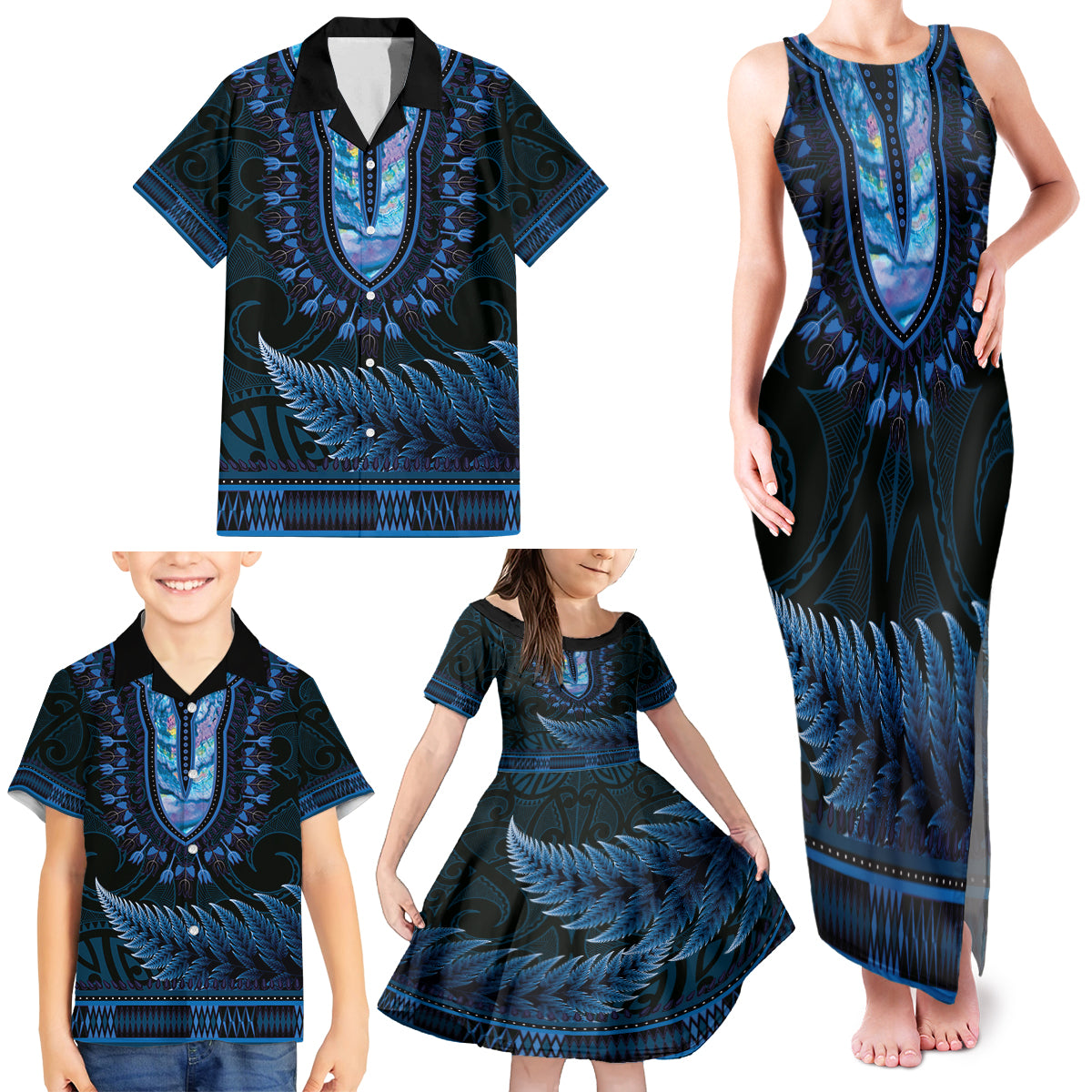 Blue African Dashiki With Aotearoa Maori Family Matching Tank Maxi Dress and Hawaiian Shirt Paua Shell Mix Silver Fern