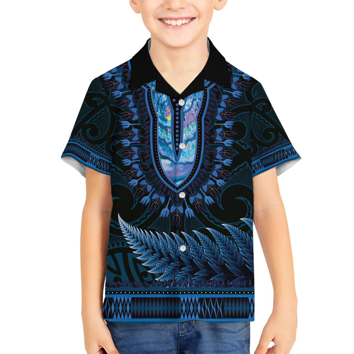 Blue African Dashiki With Aotearoa Maori Family Matching Tank Maxi Dress and Hawaiian Shirt Paua Shell Mix Silver Fern