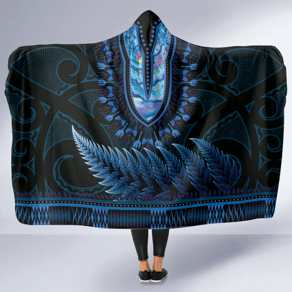 Blue African Dashiki With Aotearoa Maori Hooded Blanket Paua Shell Mix Silver Fern