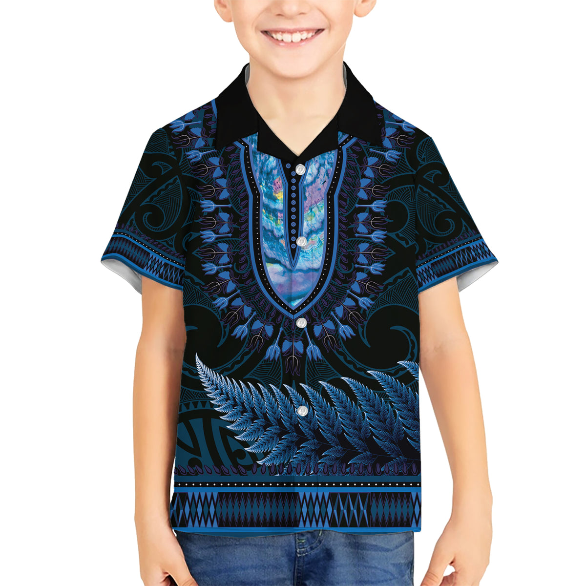 Blue African Dashiki With Aotearoa Maori Kid Hawaiian Shirt Paua Shell Mix Silver Fern LT14 Kid Blue - Polynesian Pride