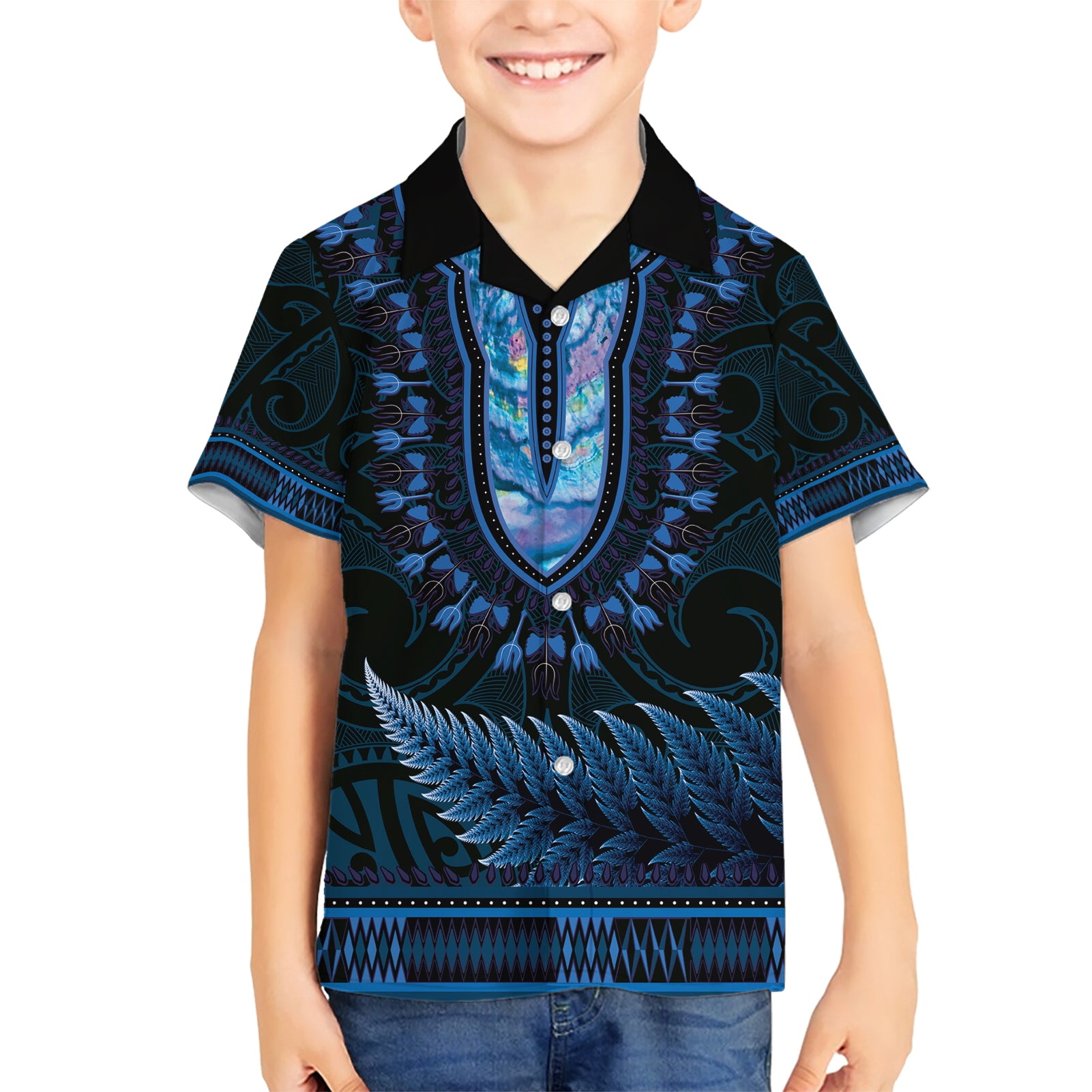 Blue African Dashiki With Aotearoa Maori Kid Hawaiian Shirt Paua Shell Mix Silver Fern