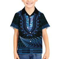 Blue African Dashiki With Aotearoa Maori Kid Hawaiian Shirt Paua Shell Mix Silver Fern LT14 Kid Blue - Polynesian Pride