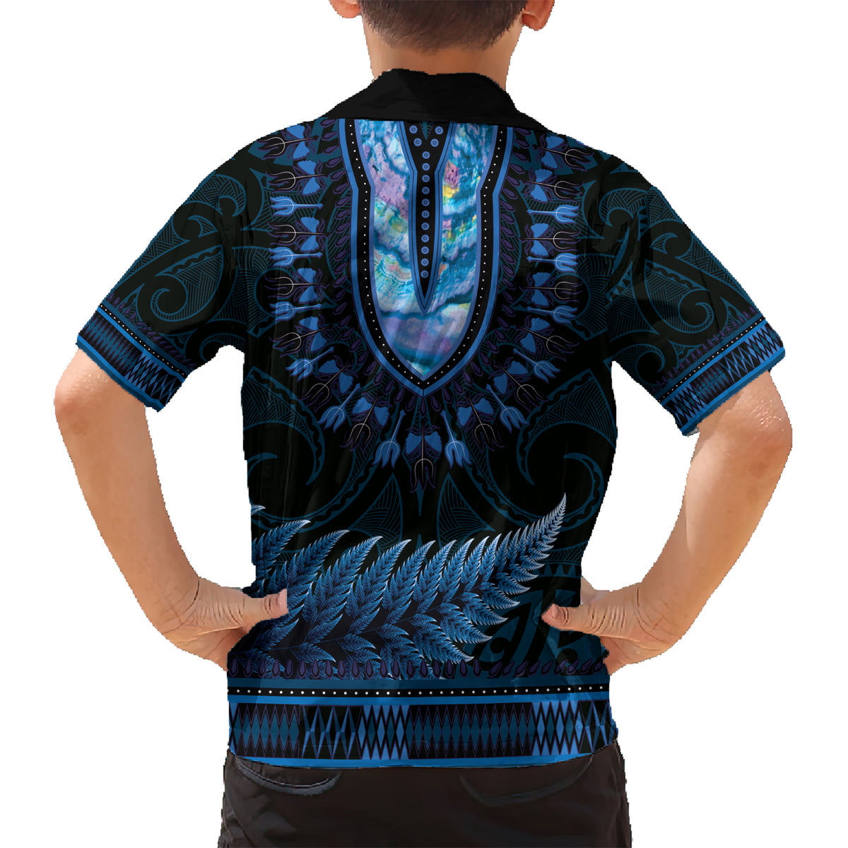 Blue African Dashiki With Aotearoa Maori Kid Hawaiian Shirt Paua Shell Mix Silver Fern LT14 - Polynesian Pride