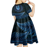 Blue African Dashiki With Aotearoa Maori Kid Short Sleeve Dress Paua Shell Mix Silver Fern LT14 - Polynesian Pride