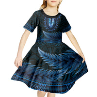 Blue African Dashiki With Aotearoa Maori Kid Short Sleeve Dress Paua Shell Mix Silver Fern LT14 - Polynesian Pride
