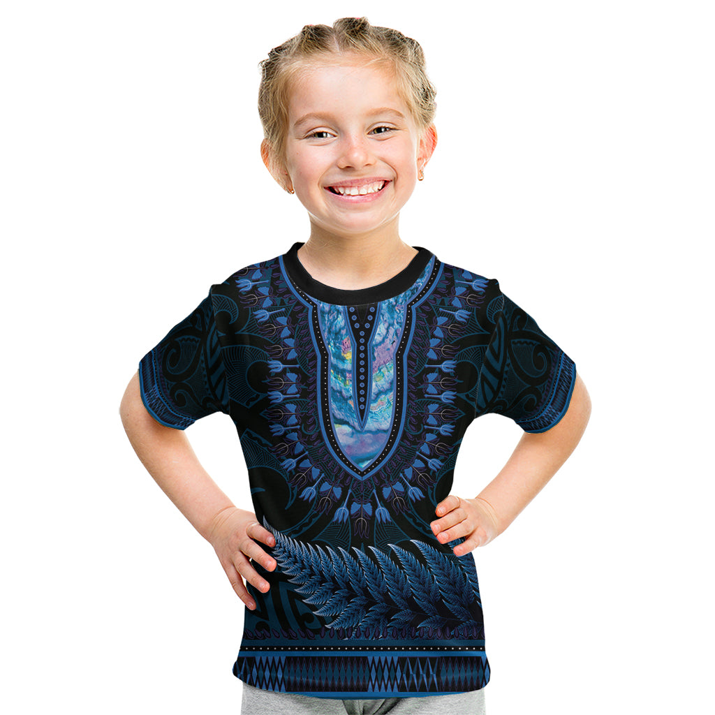 Blue African Dashiki With Aotearoa Maori Kid T Shirt Paua Shell Mix Silver Fern LT14 Blue - Polynesian Pride