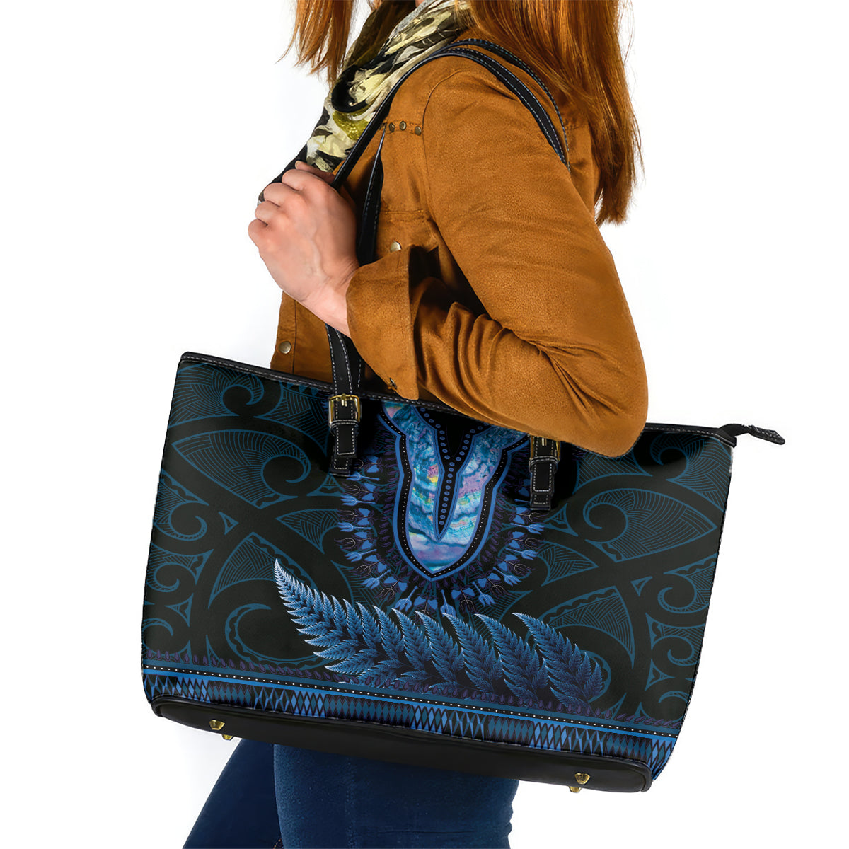 Blue African Dashiki With Aotearoa Maori Leather Tote Bag Paua Shell Mix Silver Fern LT14 Blue - Polynesian Pride