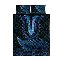 Blue African Dashiki With Aotearoa Maori Quilt Bed Set Paua Shell Mix Silver Fern