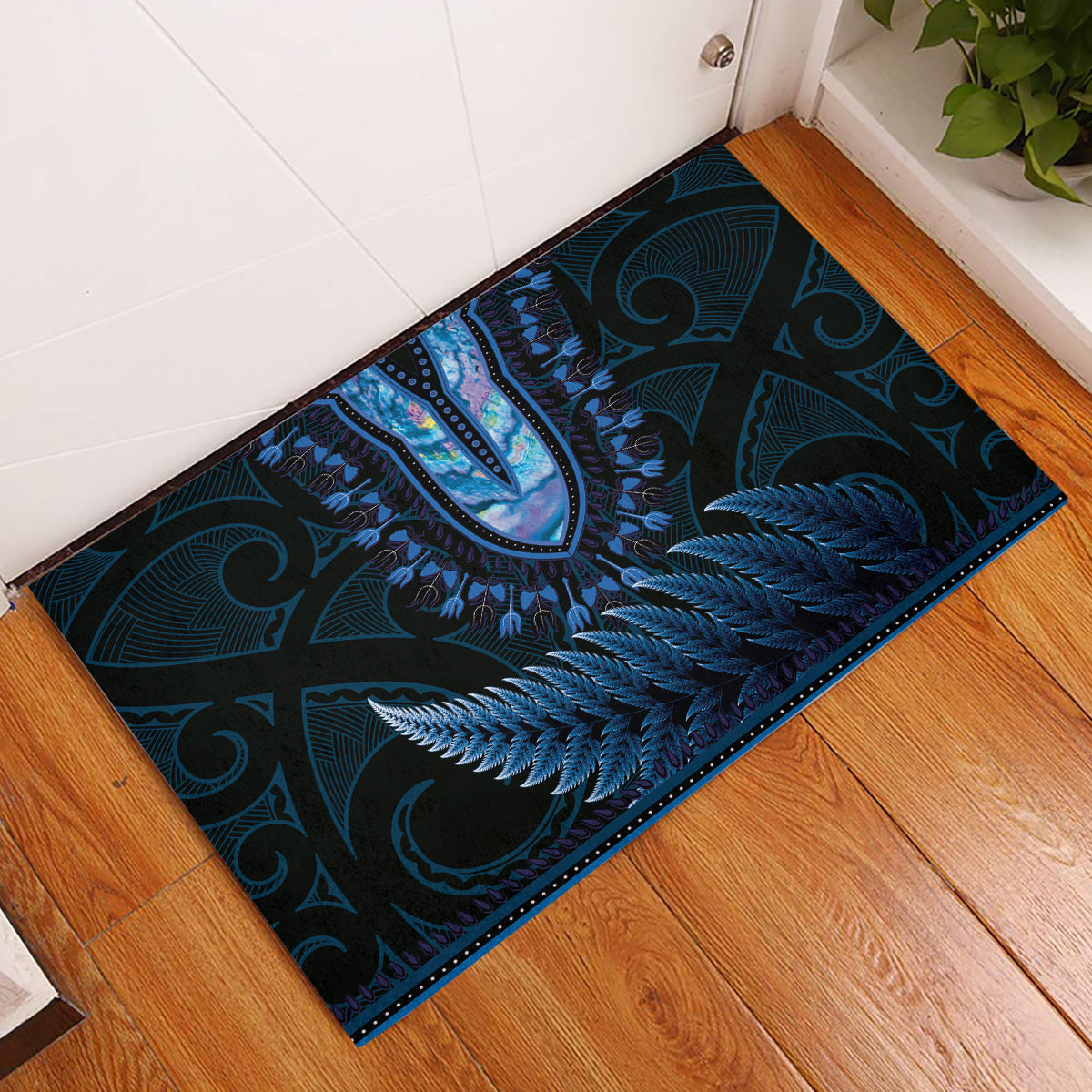 Blue African Dashiki With Aotearoa Maori Rubber Doormat Paua Shell Mix Silver Fern