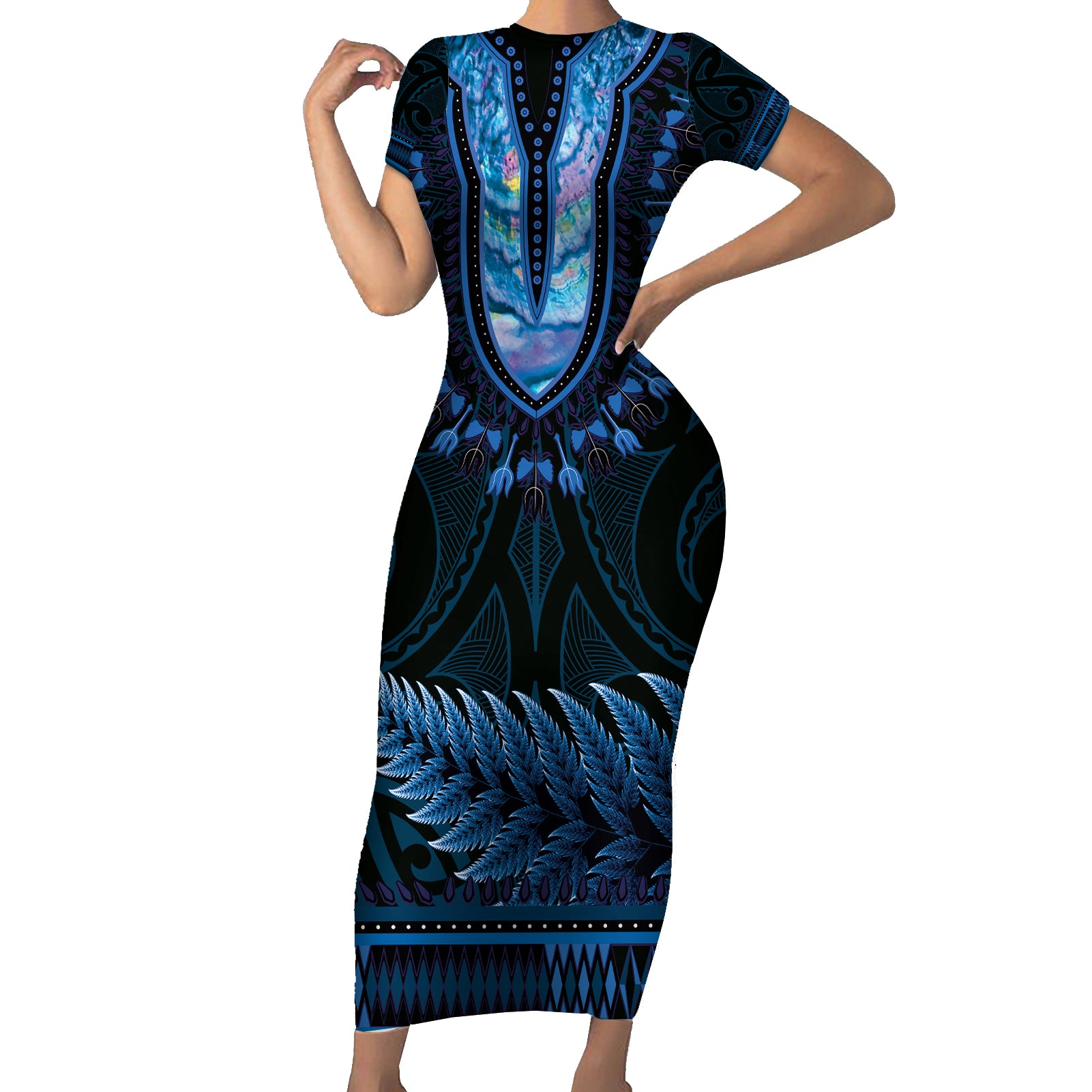 Blue African Dashiki With Aotearoa Maori Short Sleeve Bodycon Dress Paua Shell Mix Silver Fern